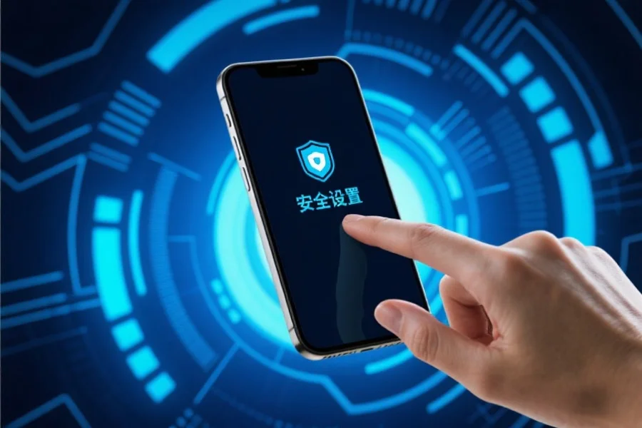 一只手正点击手机屏幕上的“安全设置”图标,背景为抽象的科技安全元素